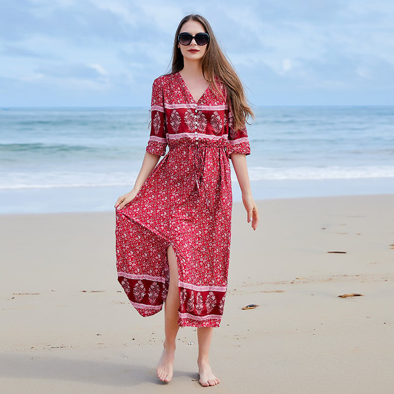 Kayla Robe Longue Femme – Šaty velké velikosti s květinovým vzorem, výstřihem do V, dlouhými rukávy a asymetrickým lemem