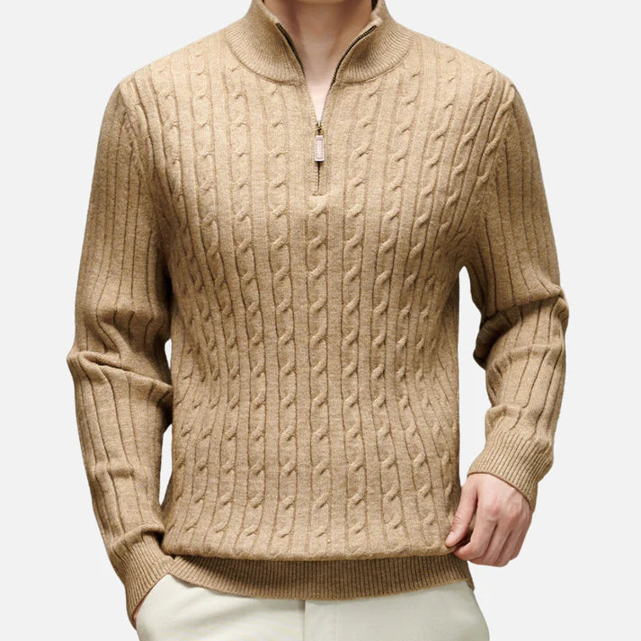 Chaud Pull à Col Polo Zippé à Moitié en Tricot Côtelé Pour Hommes