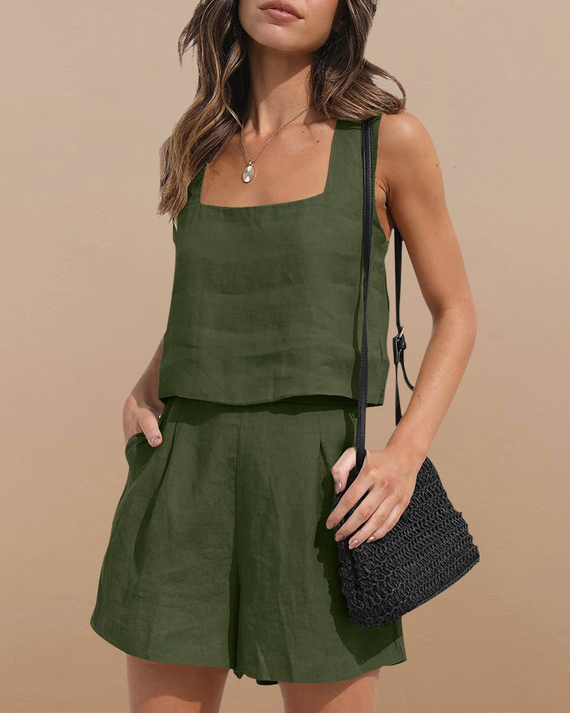 Eliza nyári női szett – Minimalista szett ujjatlan toppal és kényelmes rövidnadrággal