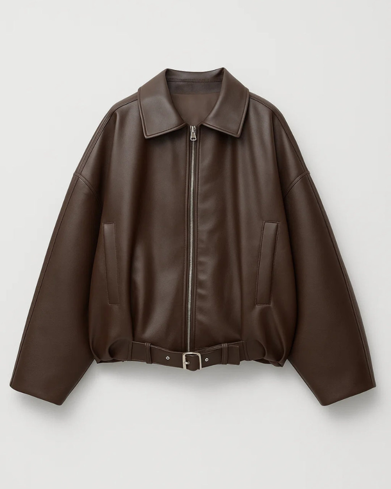 Nina Oversized Jacket for Women – Front Zipper, Built-in Belt & Modern Leather Style