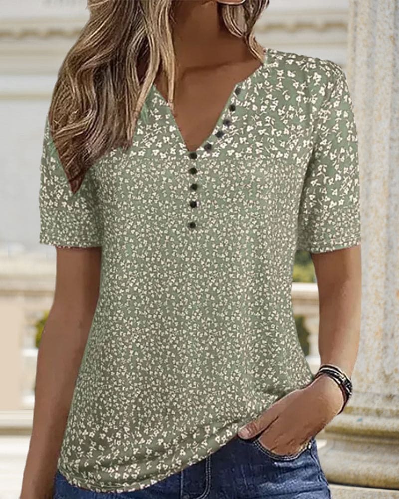 Letnia koszulka damska Naomi – T-shirt z nadrukiem kwiatowym, krótkimi rękawami i wygodnym, elastycznym krojem