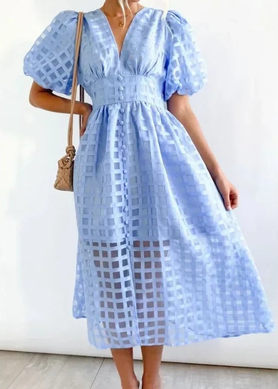 Mylene Robe Midi Femme – Robe à Carreaux Chic avec Volume & Couleur Vive