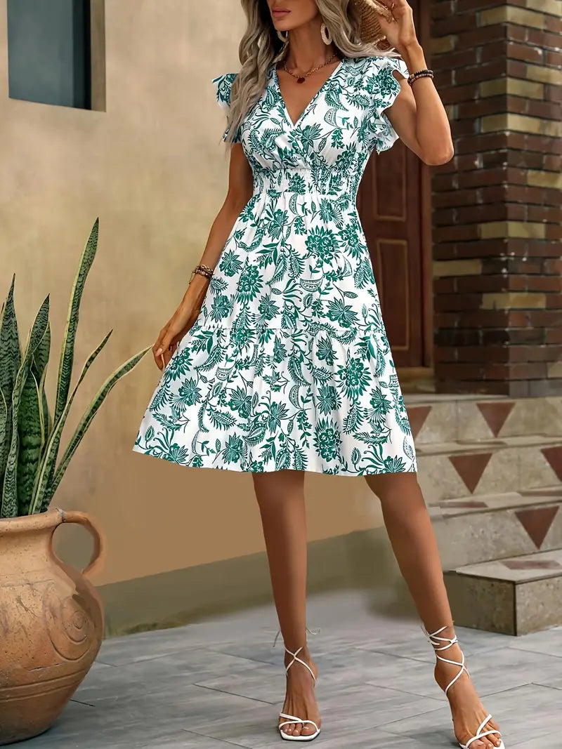 Rochie de vară pentru femei Lauren – Rochie elegantă cu decolteu în V cu volane și talie fronsată pentru vacanțe