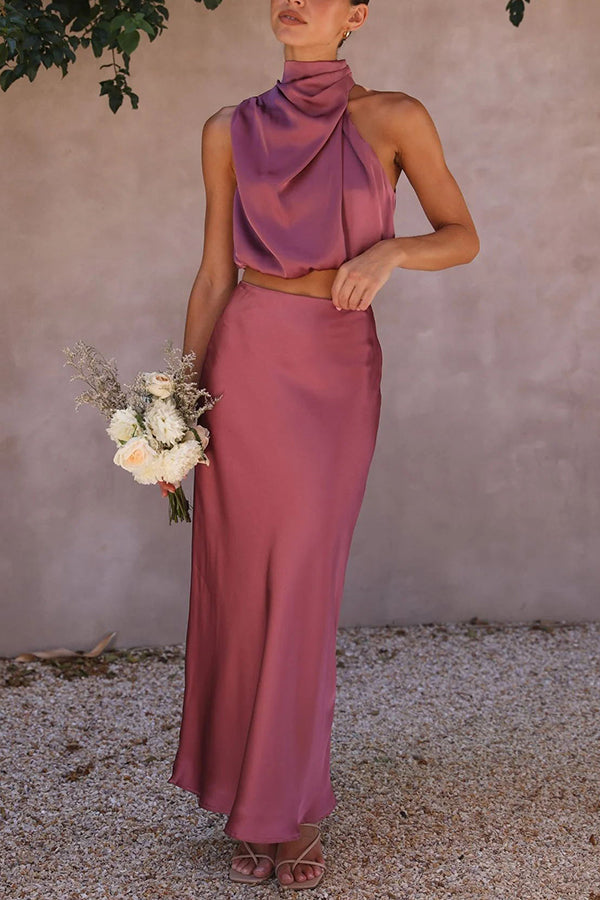 Annie Ensemble Satin Femme – Elegantes 2-teiliges Set mit langärmligem Oberteil & fließender Hose mit hoher Taille