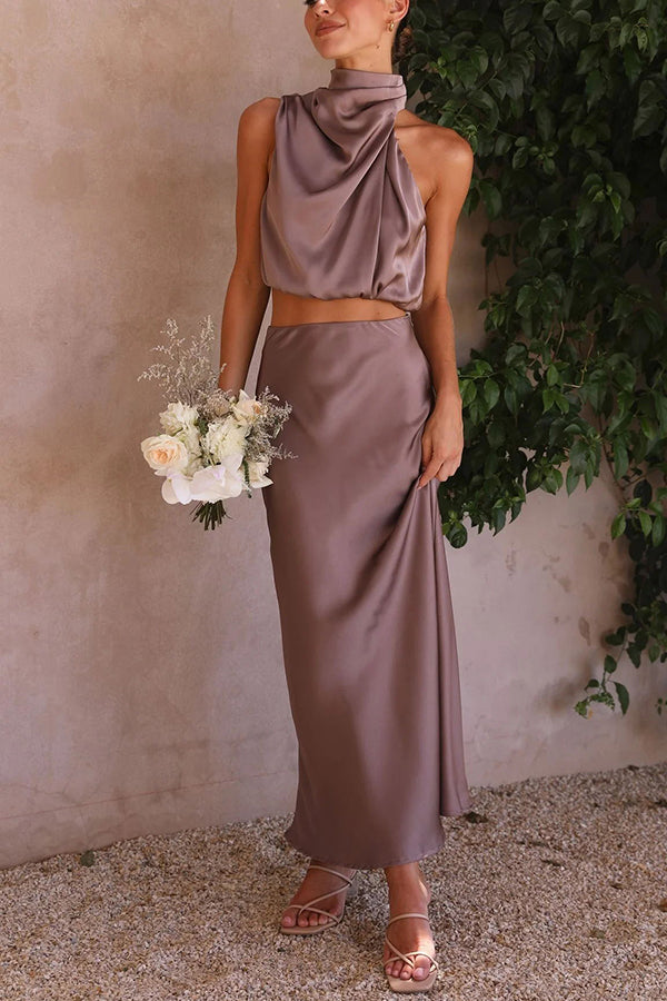 Annie Ensemble Satin Femme – Elegantes 2-teiliges Set mit langärmligem Oberteil & fließender Hose mit hoher Taille