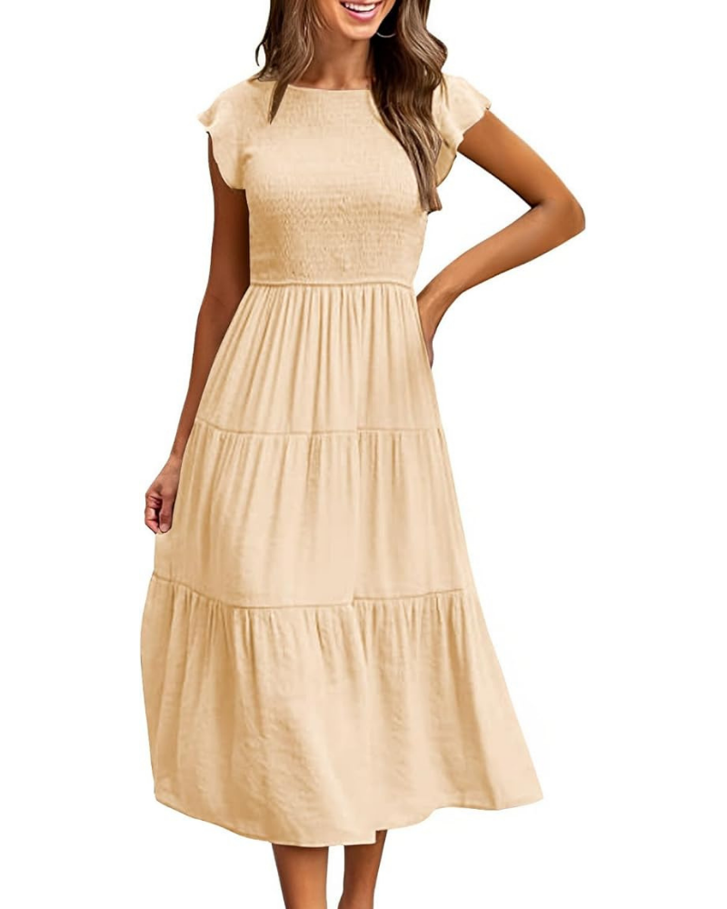 Greta Robe Midi Femme – Col Rond, Manches Volants & Taille Élastique A-Line Été