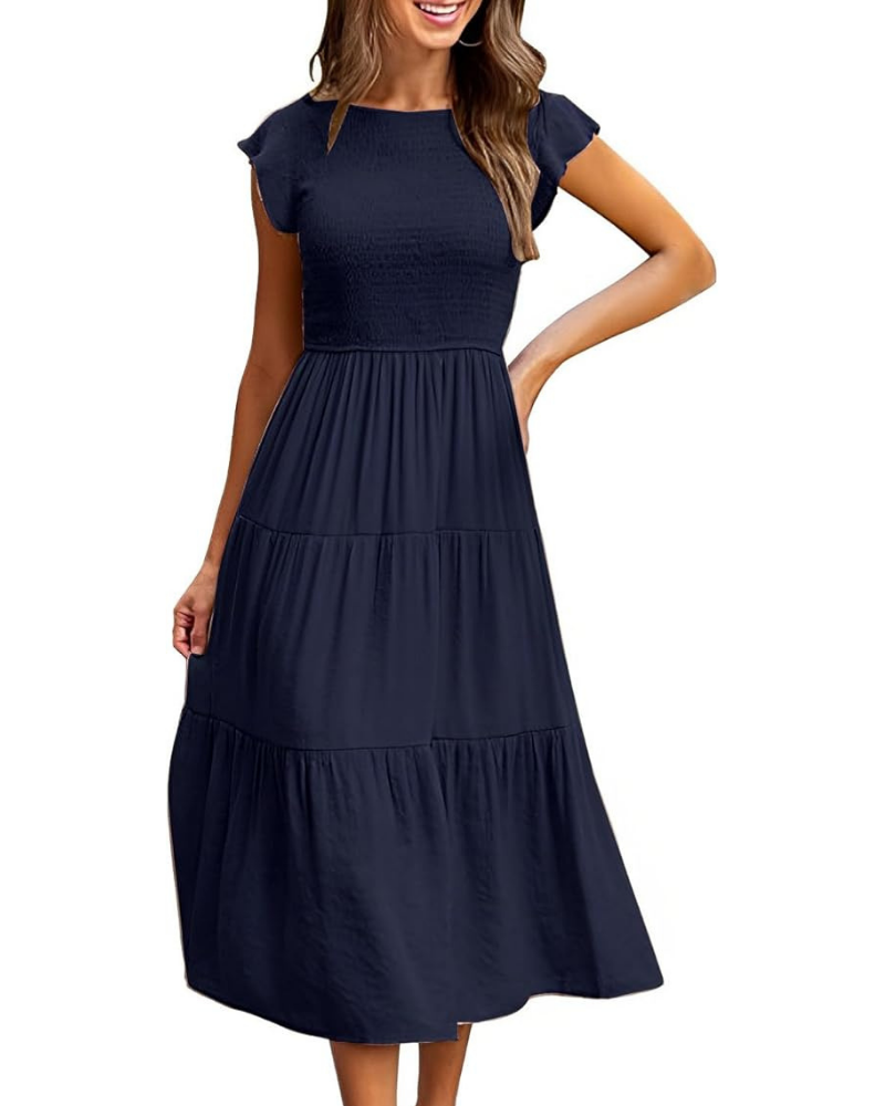 Greta Robe Midi Femme – Col Rond, Manches Volants & Taille Élastique A-Line Été