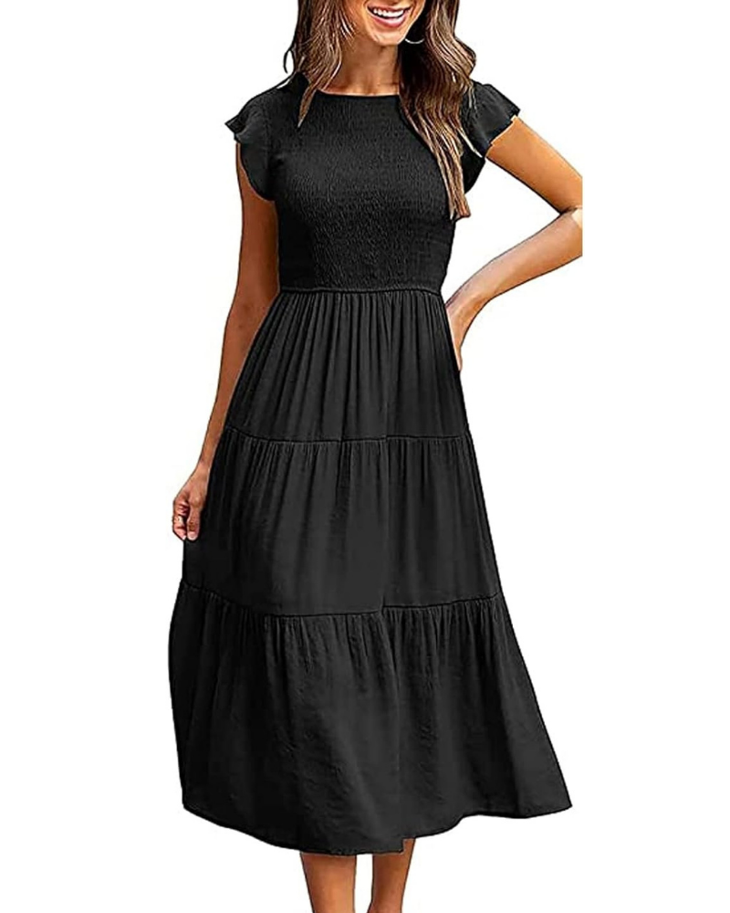 Greta Robe Midi Femme – Col Rond, Manches Volants & Taille Élastique A-Line Été