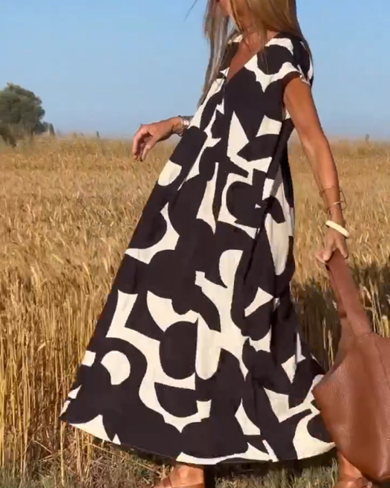 Sita Jurk Losse Pasvorm Dames – Zwart-Witte Abstracte Print met Diepe V-hals