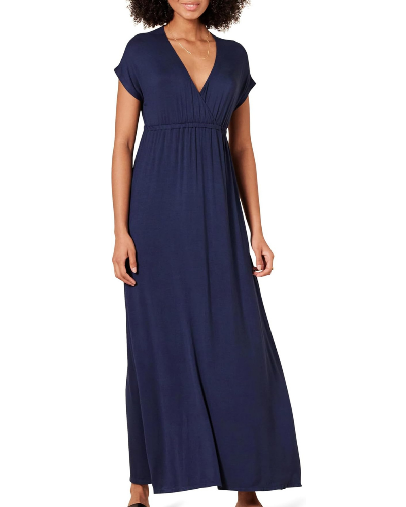 Risa Robe Longue Femme – Col V Croisé, Taille Empire & Coupe Fluide Confort Élégant