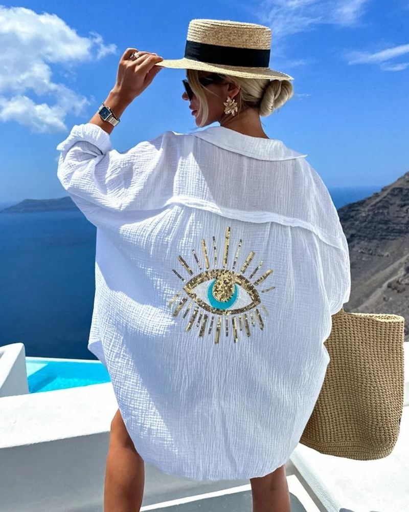 Gelli Chemise Oversize Femme – Bordado Ojo en Lentejuelas & Tejido Ligero Transpirable