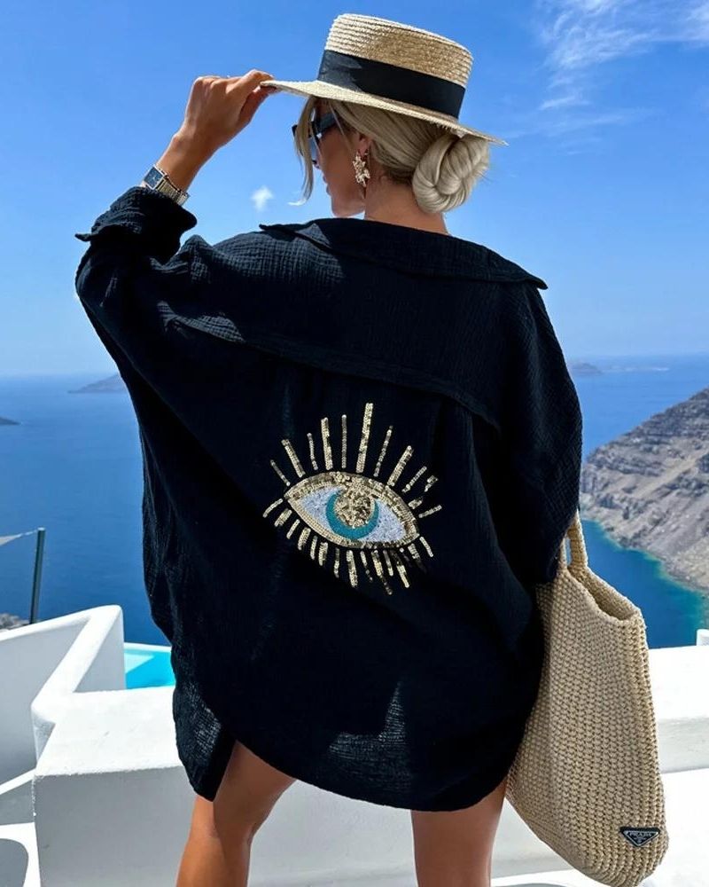 Gelli Chemise Oversize Femme – Bordado Ojo en Lentejuelas & Tejido Ligero Transpirable