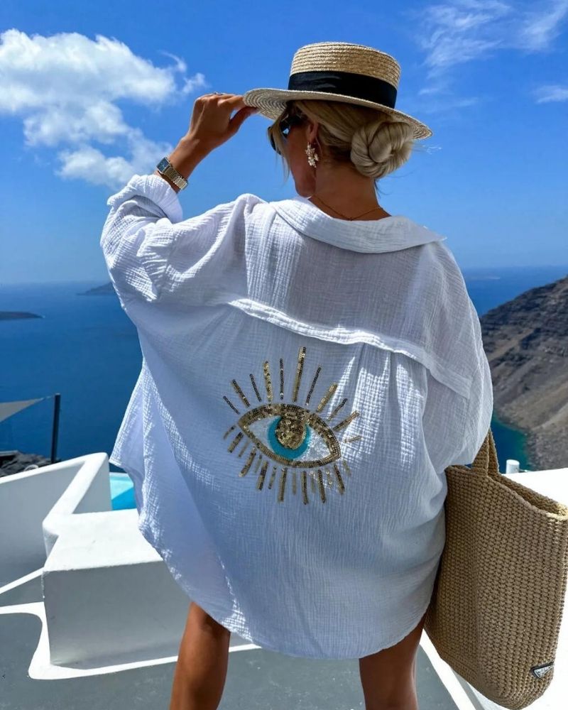 Gelli Chemise Oversize Femme – Broderie Ochi în Paiete & Țesătură Ușoară Respirantă