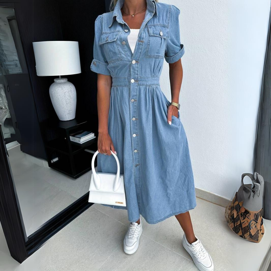 Eloise Robe en Jean Femme – Robe Chemise Bleue en Coton Légèr avec Coupe Cintrée