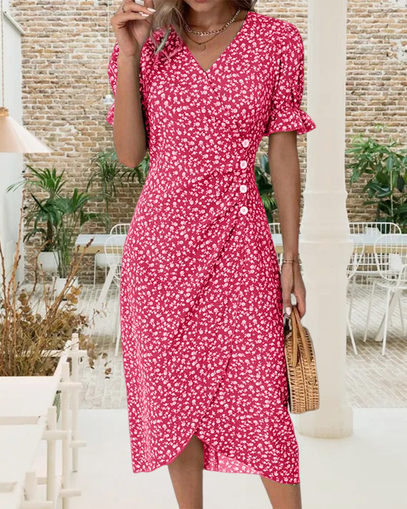 Quincy Zomerse Jurk Dames – Bloemenjurk met Korte Mouwen en Elegante Knopsluiting