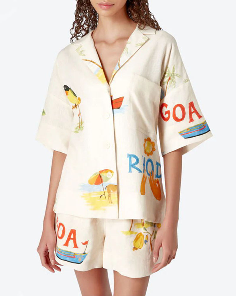 Stella Linsett for Kvinner – Sommerkoordinat med Tropisk Trykk, Lett Skjorte & Komfortable Shorts