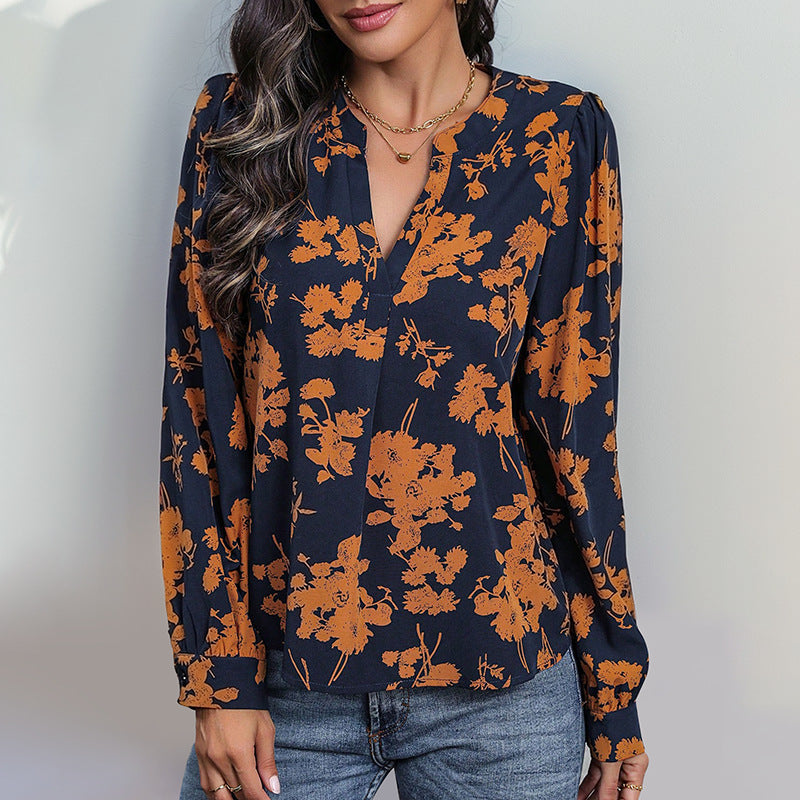 Blusa Sadie Femme – Haut Léger a Cuello en V con Estampado & Mangas Largas para un Estilo de Otoño