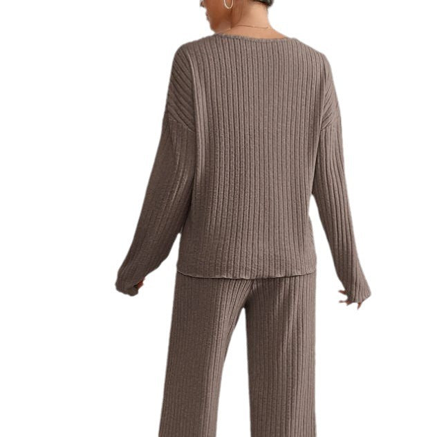 Ensemble en maille Kathy pour femme – Tenue d'intérieur confortable avec pull à col en V et pantalon doux