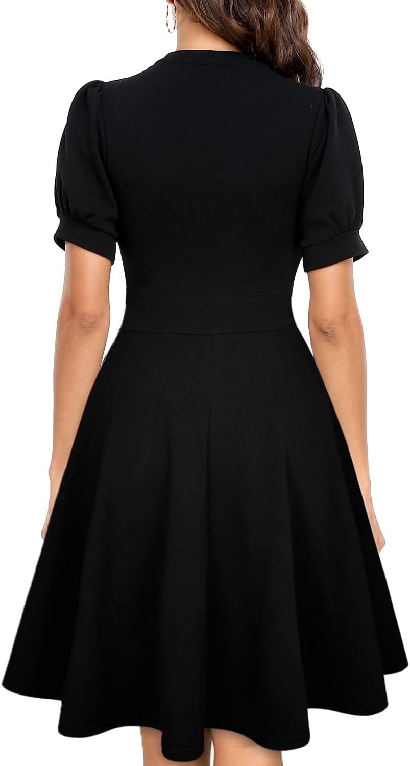 Sophie Robe Femme – Robe Évasée Col V Manches Bouffantes avec Poches Élégante