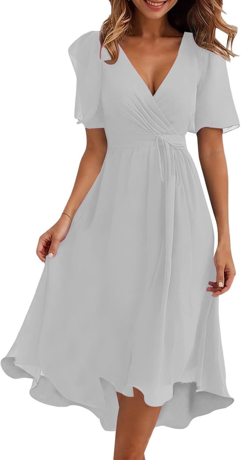 Amélie Women's Dress – Elegant Midi Chiffon Dress with V-Neck, Short Sleeves, and Wrap Waist