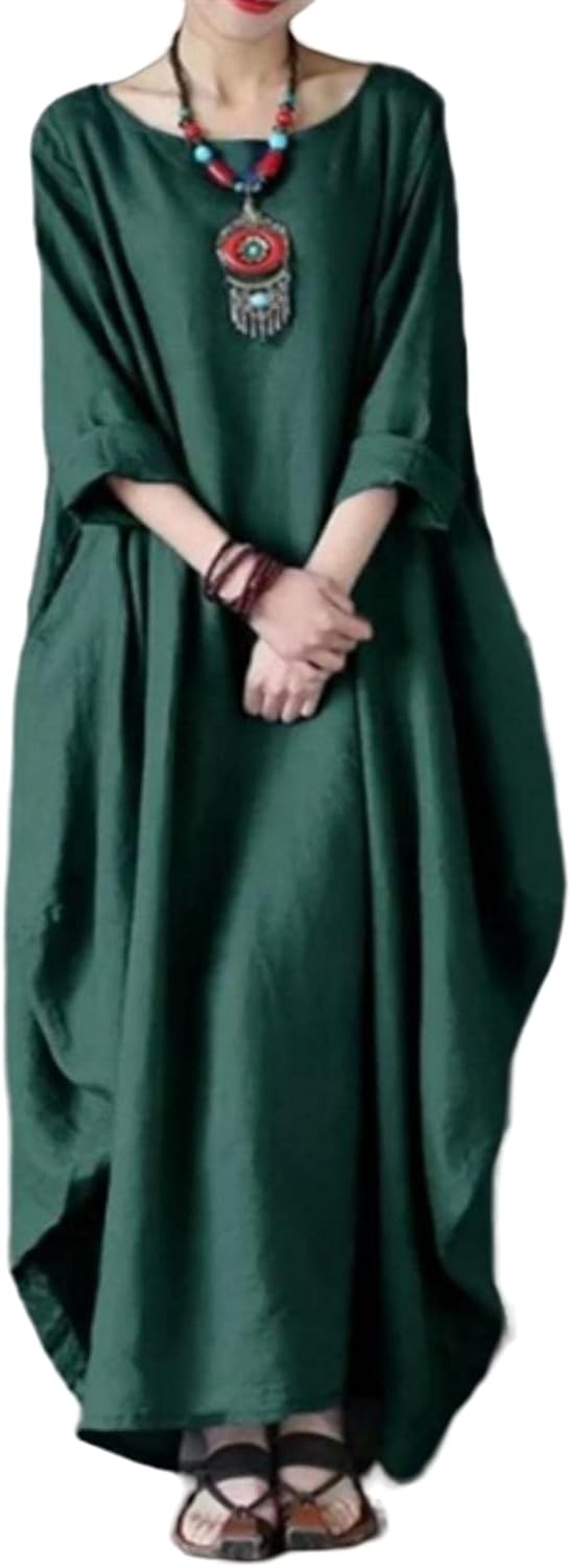 Duga pješčana haljina za žene – maxi haljina od pamuka i lana, širokog kroja, okruglog izreza, elegantne 3/4 rukave