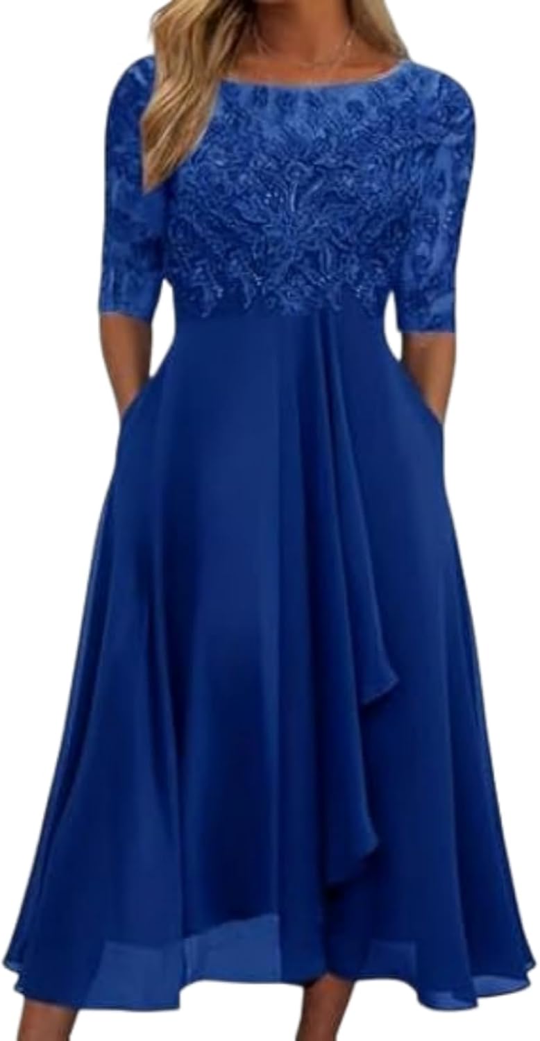 Isabelle Damenkleid – Maxikleid aus Spitze mit V-Ausschnitt und eleganten halblangen Ärmeln für die Hochzeit