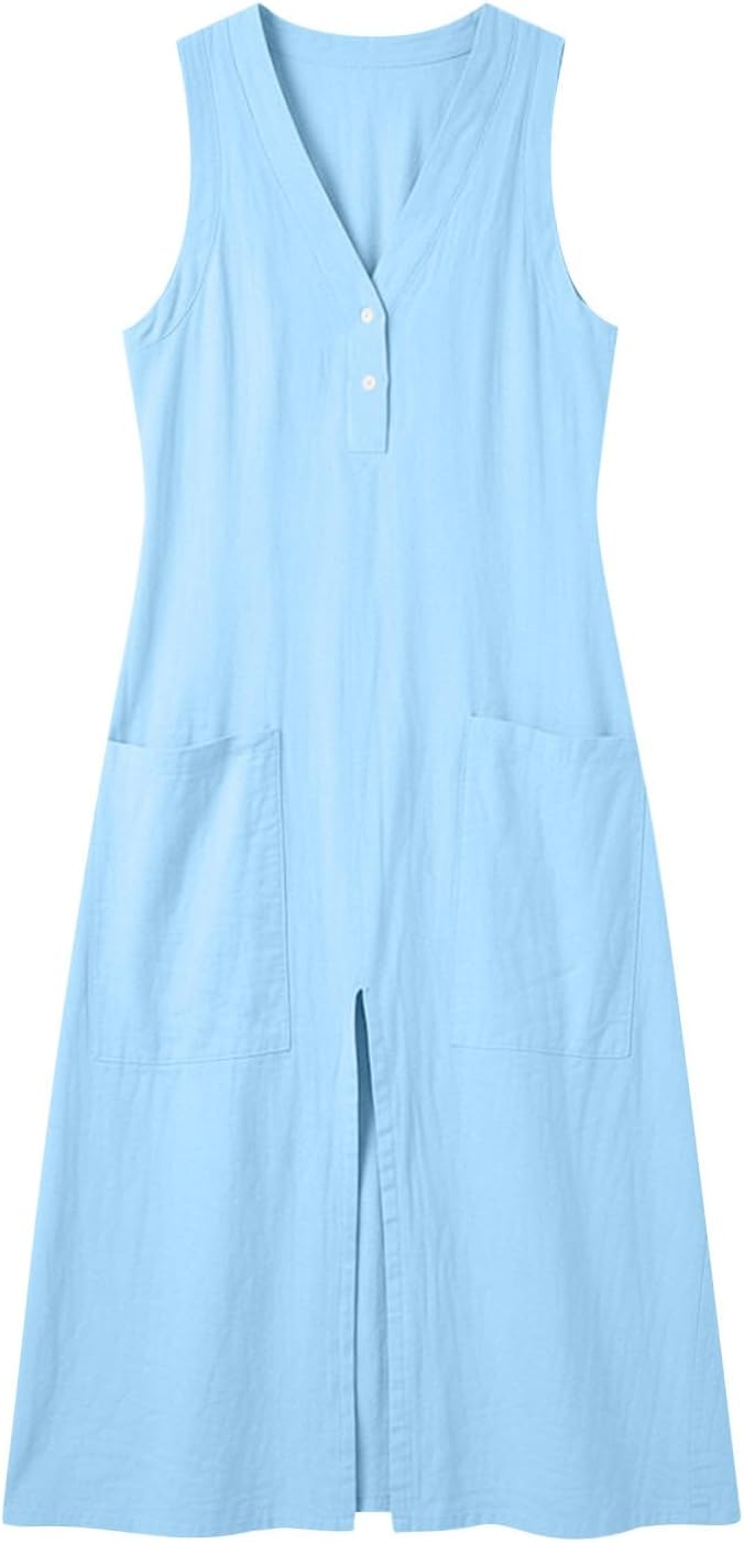 Emma Robe Femme – Robe Maxi Lin Col V Sans Manches Fente Poches Été Élégante