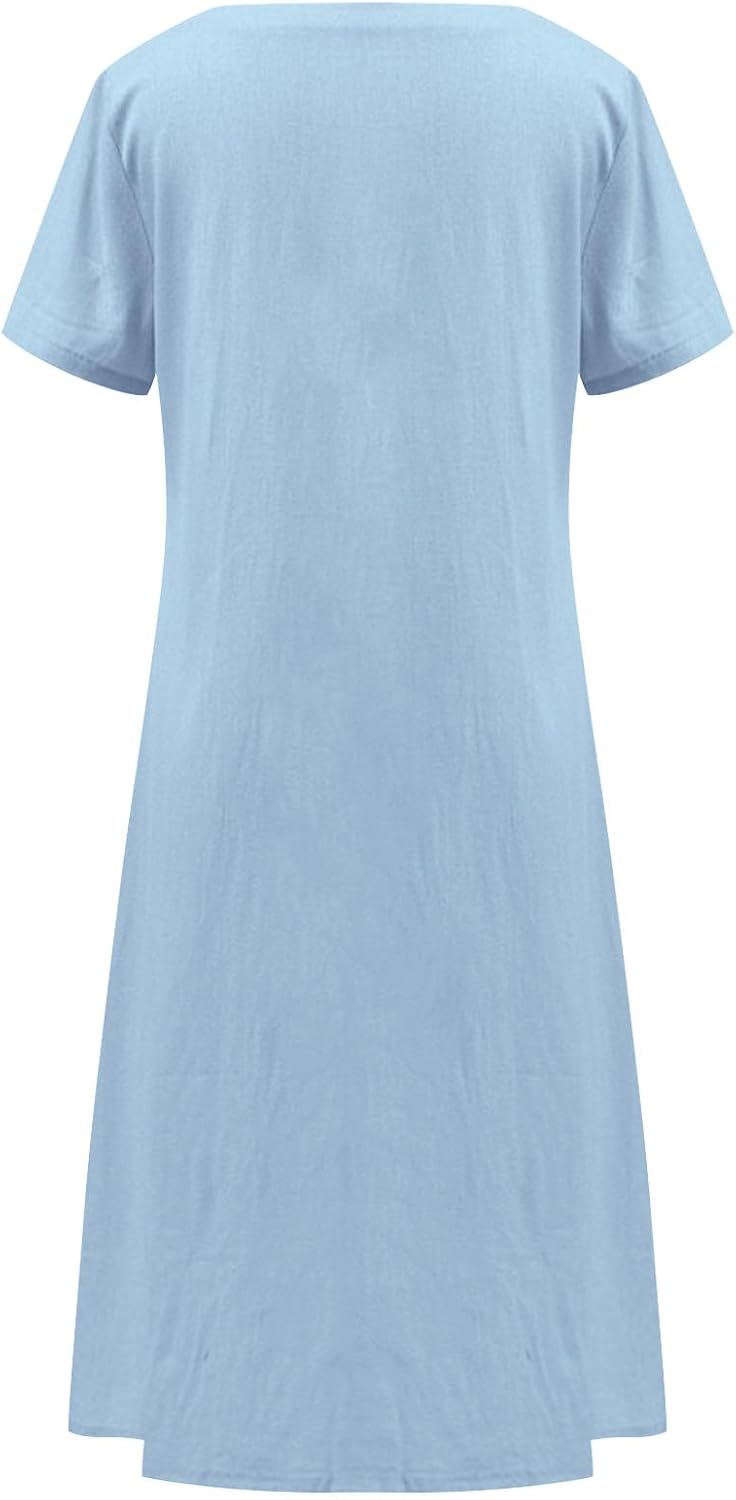 Emma Women's Robe – Midi Linen Dress Round Neck Slit Pockets Elegant A-Line Summer