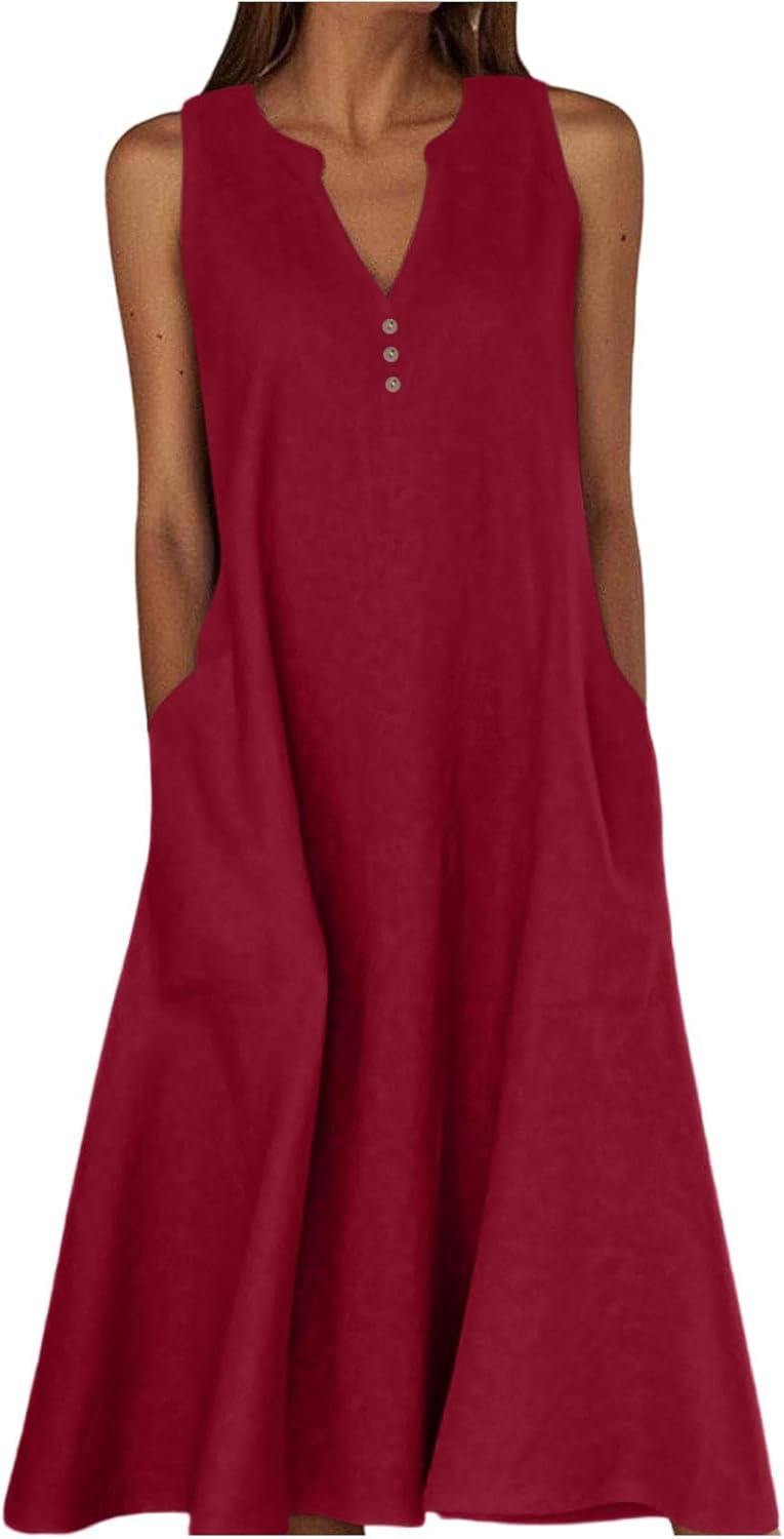 Camille Robe Femme – Robe Maxi Lin Col V Sans Manches Boutonnée Poches Été