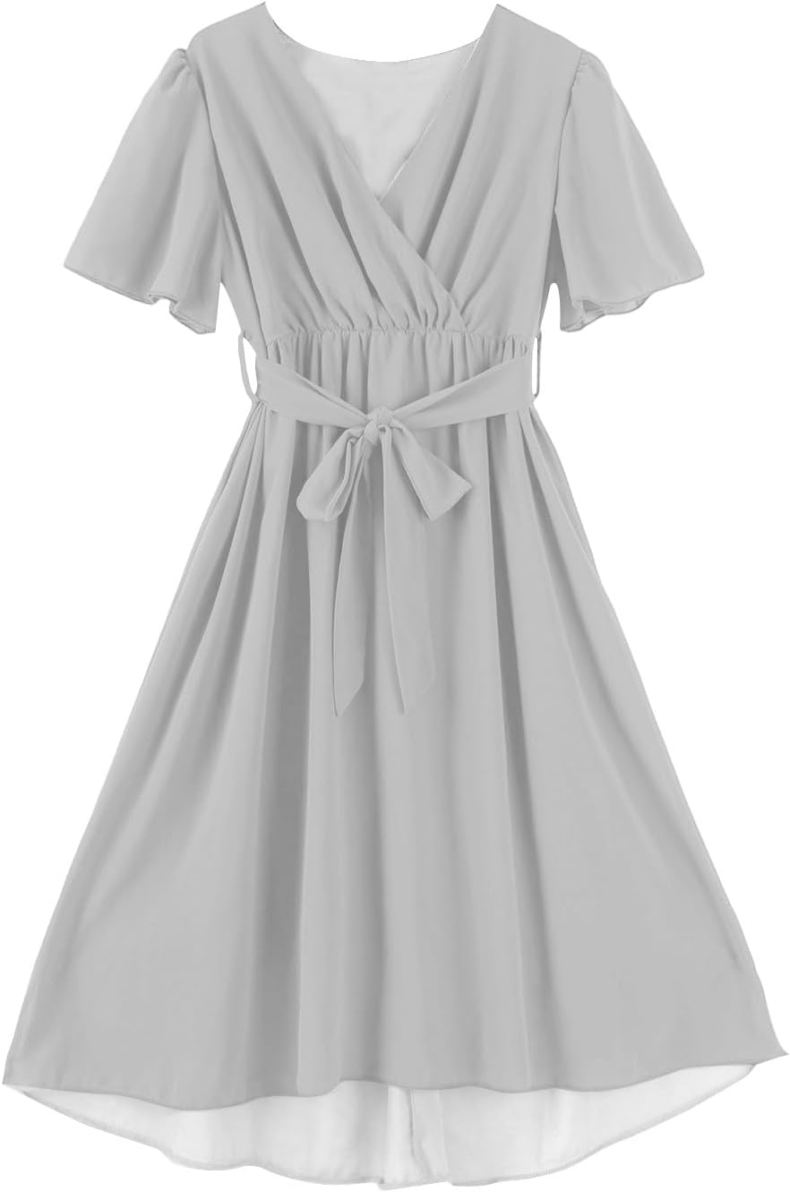 Amélie Women's Dress – Elegant Midi Chiffon Dress with V-Neck, Short Sleeves, and Wrap Waist