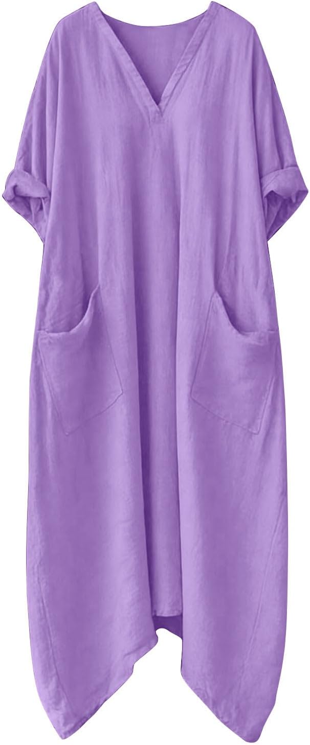 Mila naisten mekko – Maxi pellavamekko V-pääntiellä, 3/4-hihat, A-linjainen leikkaus, oversize, kesä