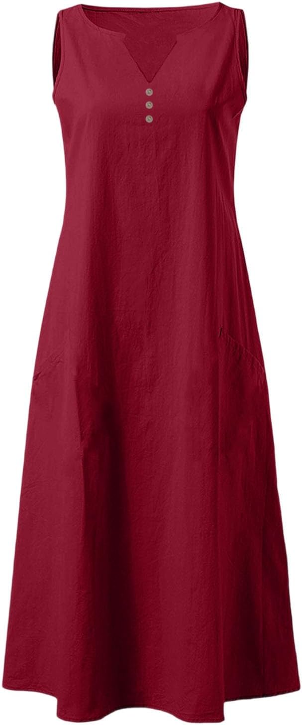 Camille Robe Femme – Robe Maxi Lin Col V Sans Manches Boutonnée Poches Été