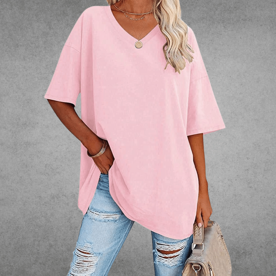 T-shirt Oversize Ninon Mulher – Design confortável com decote em V e tecido leve e respirável