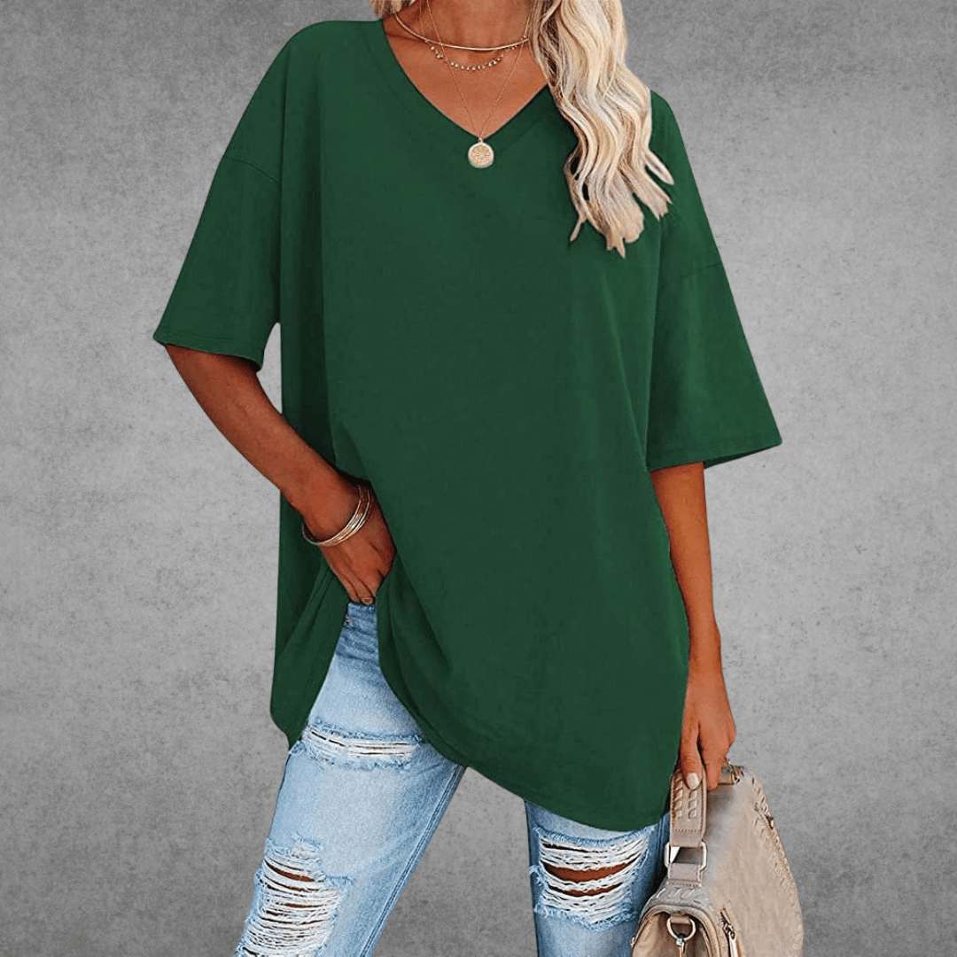 T-shirt Oversize Ninon Mulher – Design confortável com decote em V e tecido leve e respirável