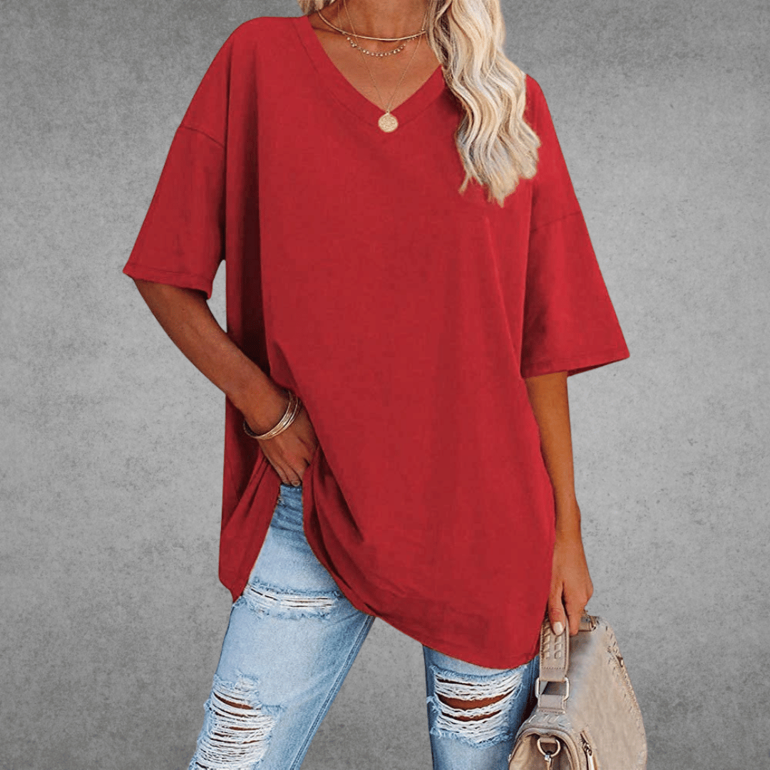 T-shirt Oversize Ninon Mulher – Design confortável com decote em V e tecido leve e respirável