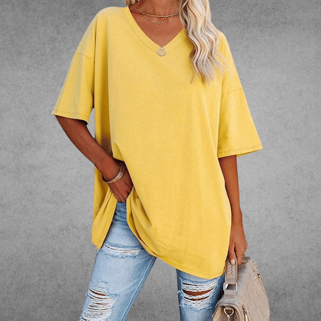 T-shirt Oversize Ninon Mulher – Design confortável com decote em V e tecido leve e respirável