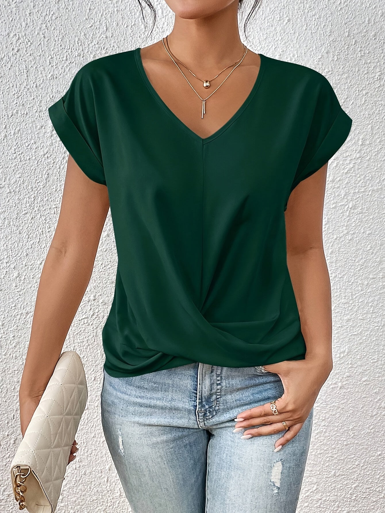 Yasmine Top Femme – V-Ausschnitt mit Knotendetail, eleganter Drapierung & bequemer Schnitt