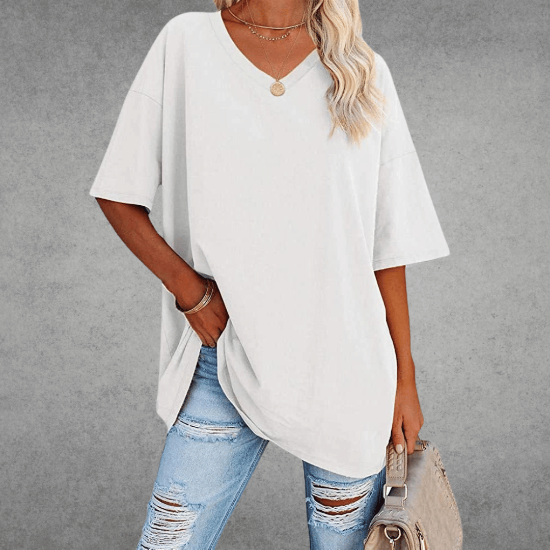 T-shirt Oversize Ninon Mulher – Design confortável com decote em V e tecido leve e respirável