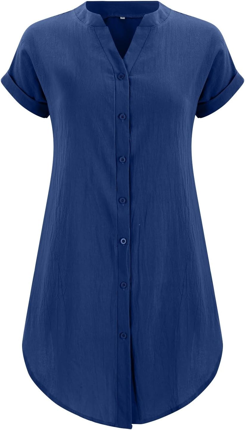 Vestido Sophie Mulher – Vestido Curto de Linho com Decote em V, Botões, Mangas Curtas, Corte Fluido, Verão