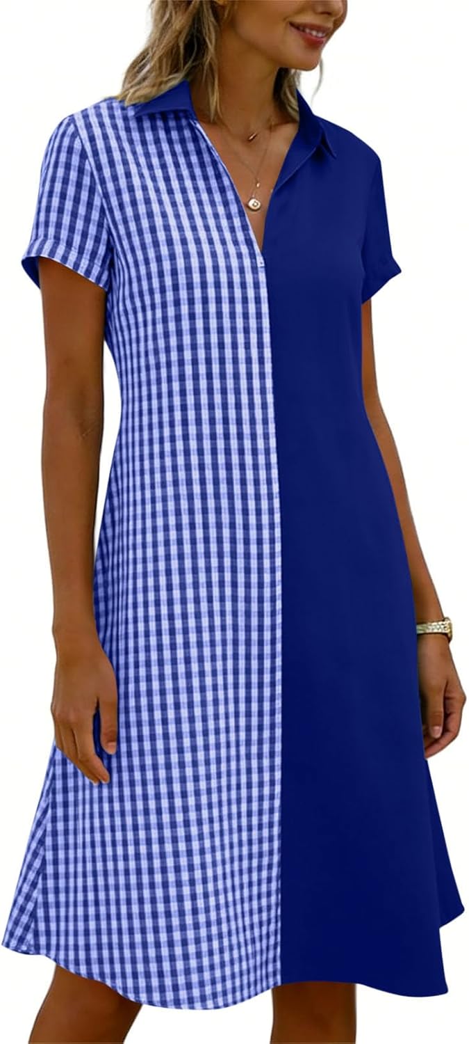 Julie Robe Femme – Robe Carreaux Col V Manches Courtes Coupe Fluide Bohème Été