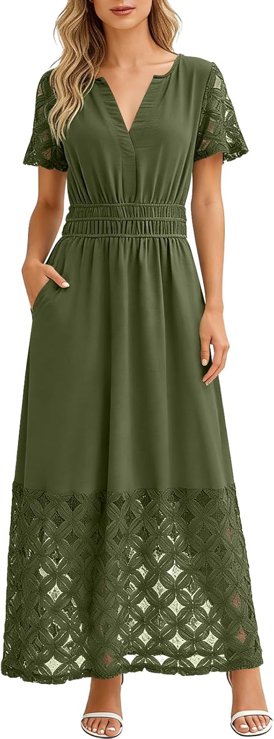 Emma Damenrobe – Maxikleid im Boho-Stil mit V-Ausschnitt, Empire-Taille, Taschen, fließend, Sommer