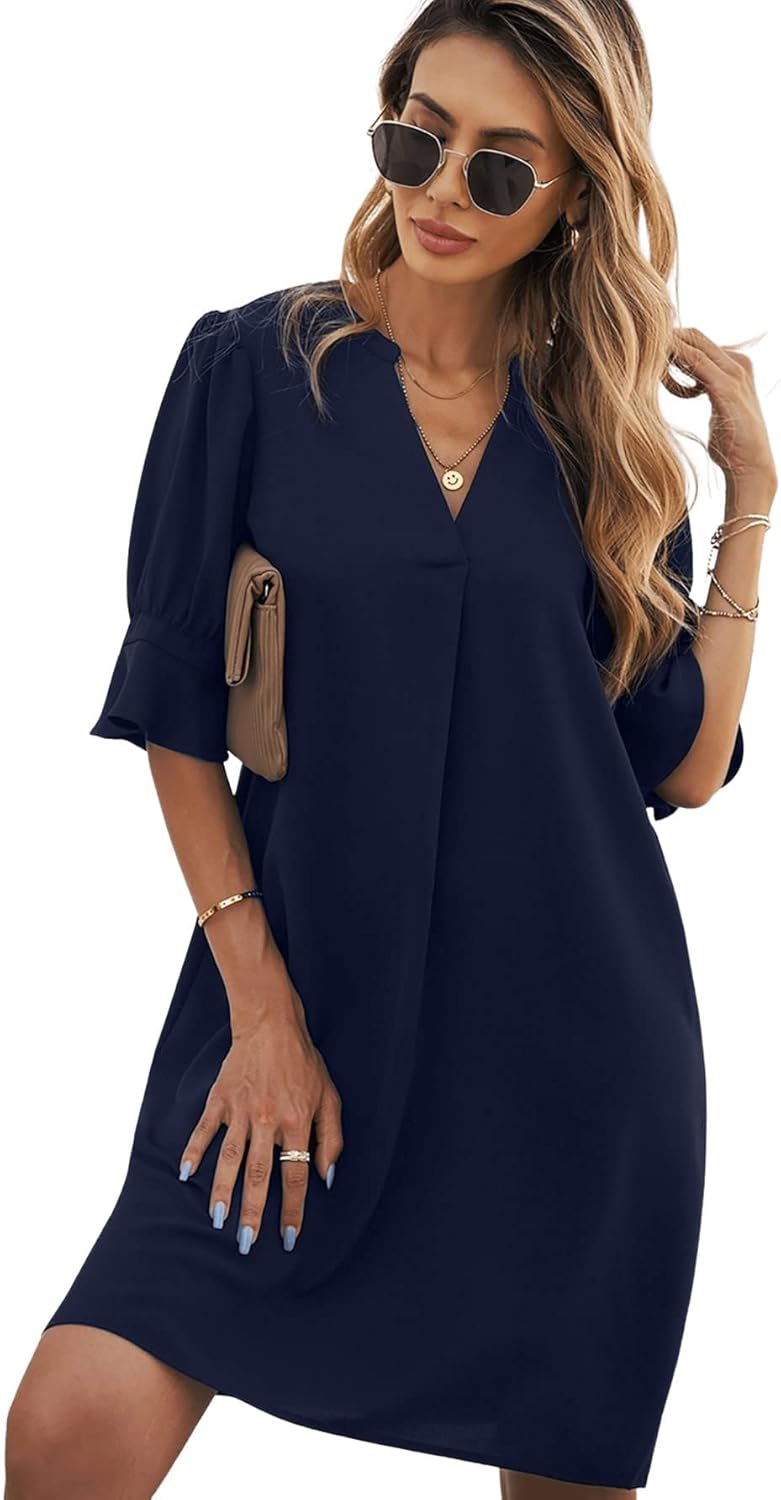 Emily Robe d’Été Femme – Robe Élégante Col V Coupe Ample Manches Mi-Longues