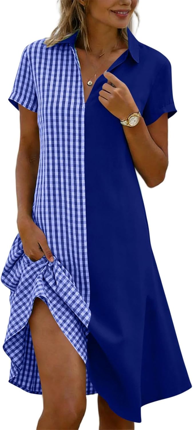 Julie Robe Femme – Robe Carreaux Col V Manches Courtes Coupe Fluide Bohème Été
