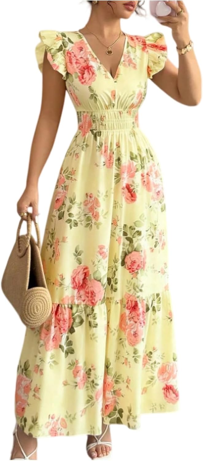Rochie Camille pentru femei – Rochie maxi cu flori, decolteu în V, mâneci cu volane, talie smockată, vară