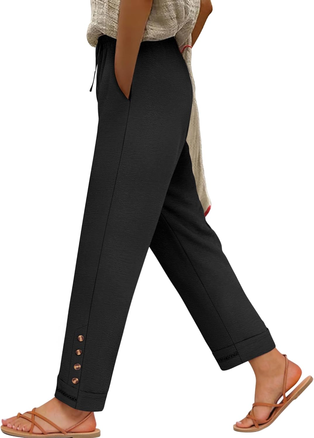 Cianne Pantalon Femme Capri – Coupe Fluide, Taille Élastique Cordon, Casual Été Chic