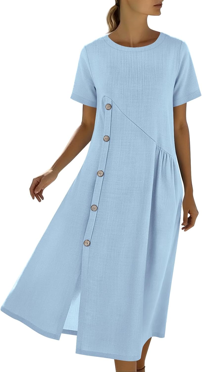Emma Women's Robe – Midi Linen Dress Round Neck Slit Pockets Elegant A-Line Summer