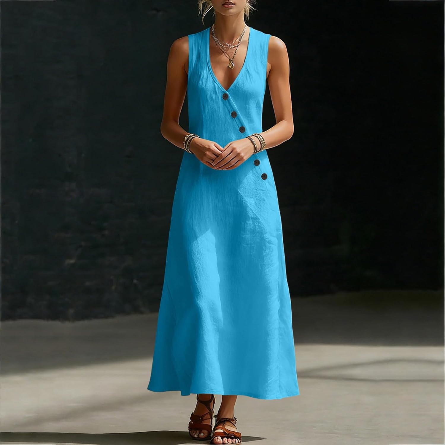 Laura Robe Femme – Robe Midi Coton Col V Sans Manches Boutons Coupe A-Line Été