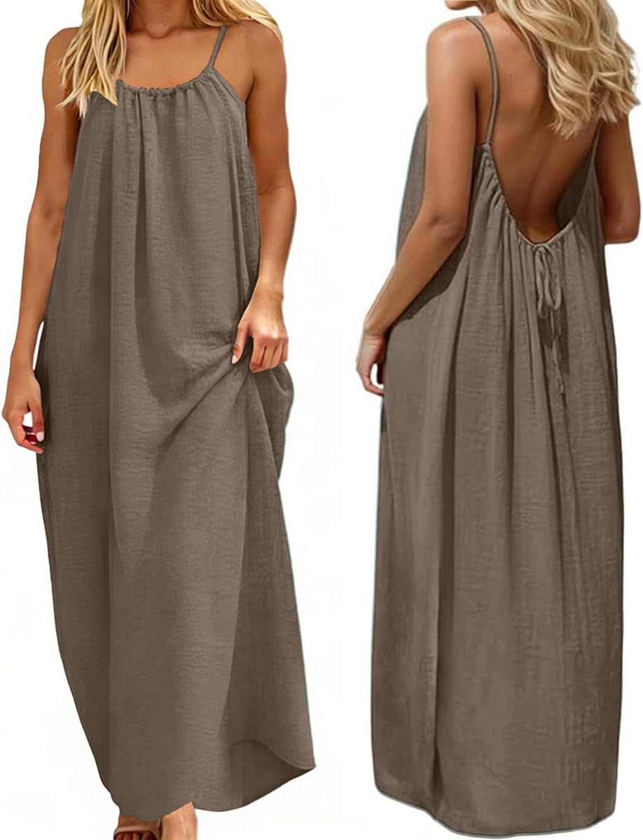 Luna Robe Maxi Femme – Robe Dos Nu Bretelles Fines Effet Lin Été Bohè