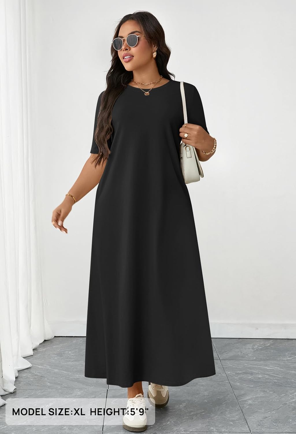 Julie Maxi-mekko naisille – Pitkä mekko lyhyillä hihoilla, taskuilla, rento ja tyylikäs