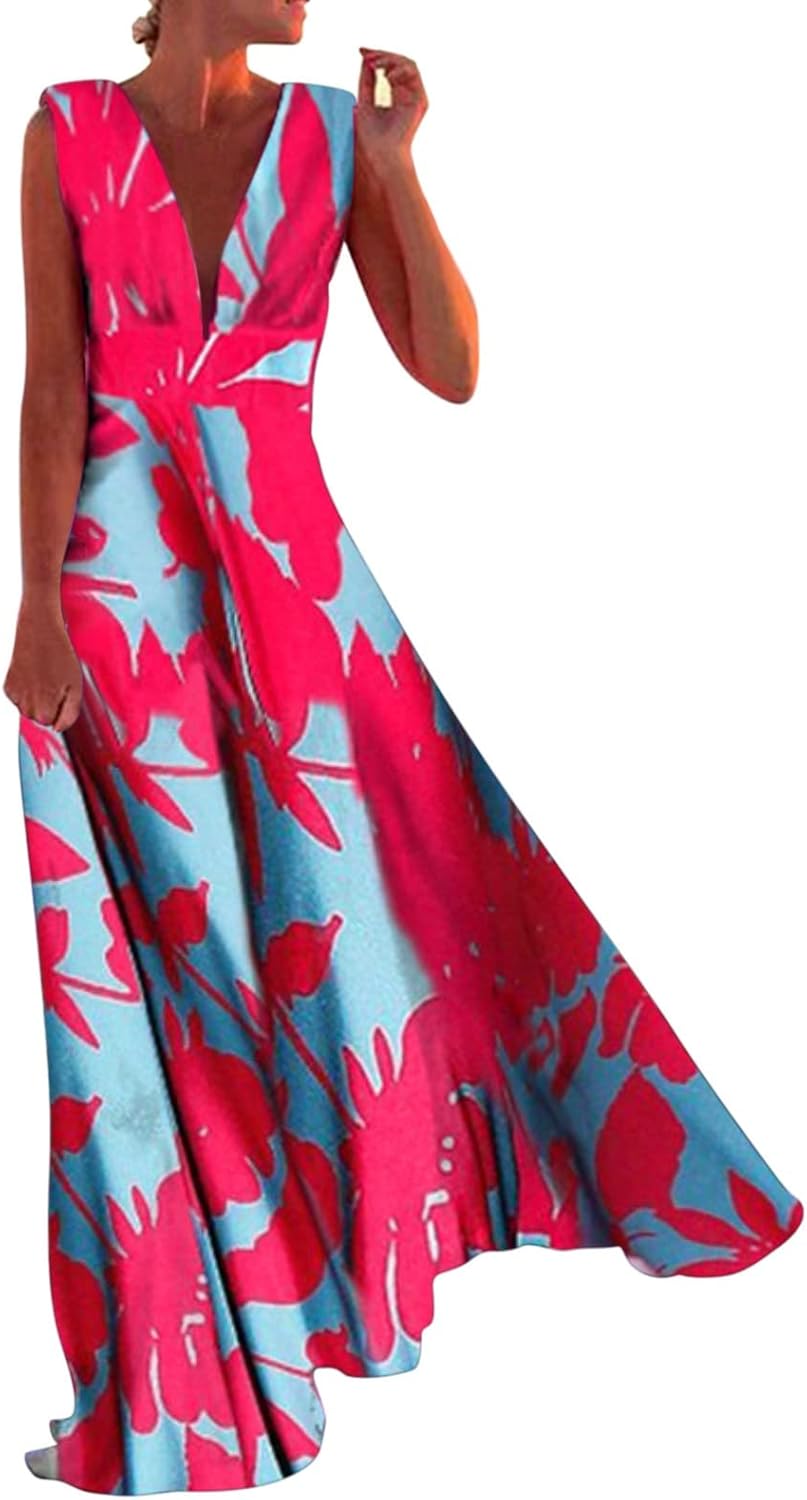 Maya Long Bohemian Dress for Women – Sleeveless Dress with V-Neck, Zipper, and Elegant Print